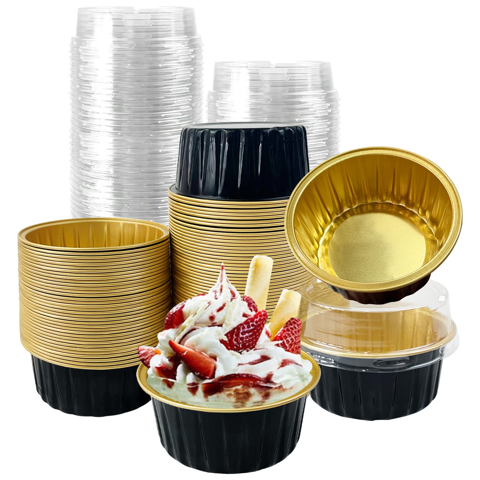 Photo 1 of 100Pcs Aluminum Cups with Lids,5oz Disposable Ramekin Baking Cups Muffin Liners Mini Pie Pans Foil Cupcake Containers for Christmas Party Wedding,Black Gold
