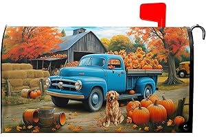 Evlaschin Fall Truck Mailbox Cover Magnetic 21"x18" Autumn Maple Tree Leaf Pumpkins Sunflower Farm Puppy Mailbox Wrap Post Cover Standard Size Waterproof for Garden Yard Outdoor Outside Decor