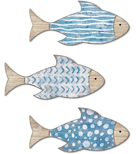 12 Pcs Wooden Fish Wall Decor – Coastal Hanging Art For Lake House, Bathroom, Beach Theme
