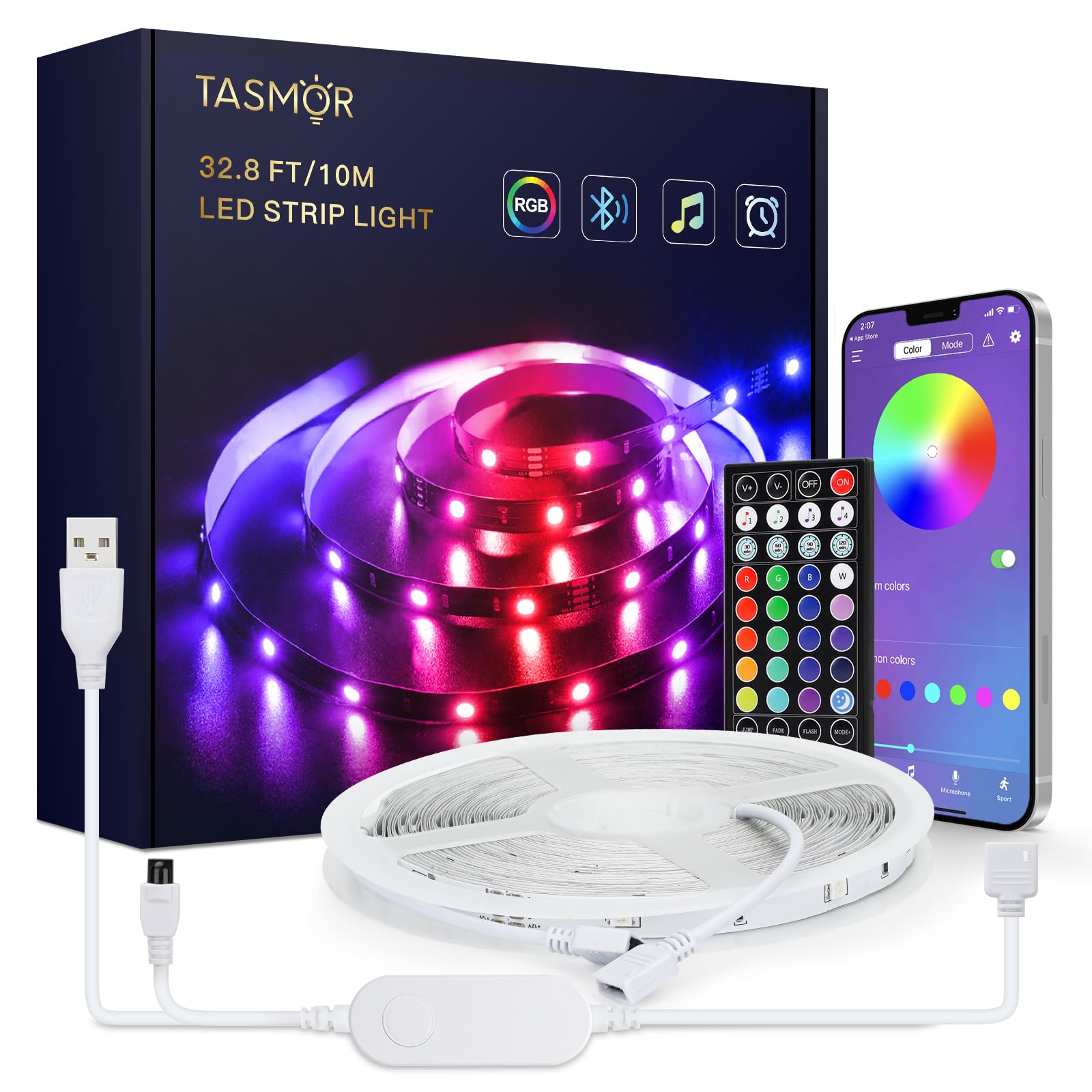 TASMOR USB LED Strip Light 10m, RGB Colour Changing Light Strips with Remote, Music Sync, App Control, LED Lights for Bedroom Home Party Kitchen DIY Decoration