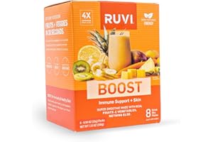 Ruvi Boost Tropical Flavor Fruit & Veggie 30-Second Smoothie. For Immune + Skin & Hair. Freeze Dried Powder Mix with Nothing Added. Pack of 8.