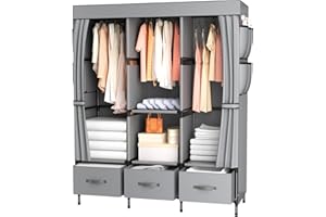 LOEFME Portable Closet, Wardrobe Closet for Hanging Clothes with 3 Drawers and Hanging Rods, 47 x 15.7 x 67 Inch Portable Closets for Bedroom, Durable and Easy to Assemble, Grey