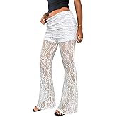 Verdusa Women's Lace Pants Floral Sheer Mesh Flare Leggings Elastic Long Trousers Going Out Bottoms