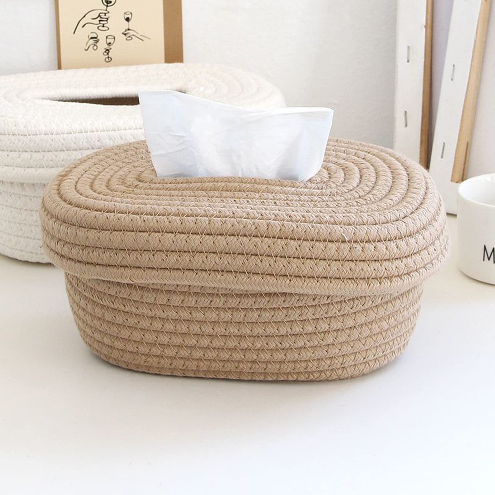 Atyhao Cotton Rope Tissue Box, Cover Handmade Cotton Rope Napkin Tissue Holder Handmade Decorative Tissue Holder Cover Organizer, Home Decor for Bedroom Living Room Dresser and Office (Khaki)