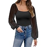 Womens Mesh Long Sleeve Shirts Tops, Square Neck Puff Sleeve Blouses Shirts for Women, Going Out Blouses Fall Tunic Top