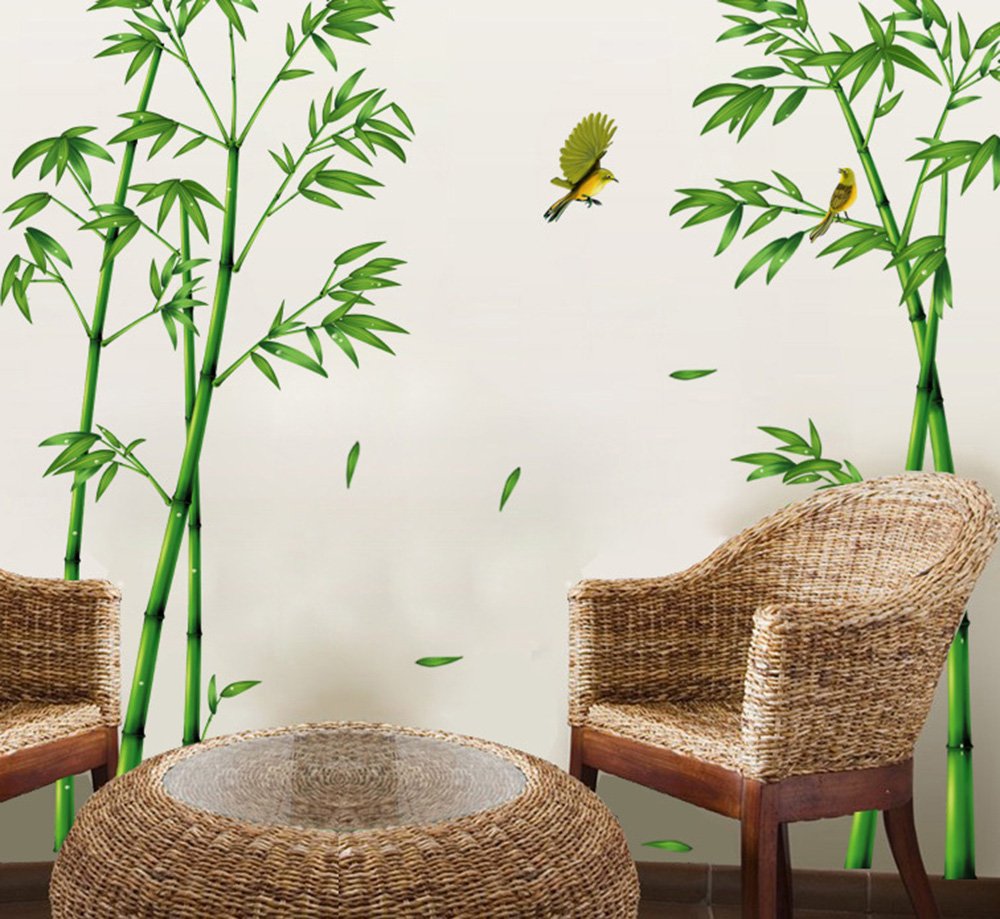 ufengke® Chinese Stytle Green Bamboo and Bird Wall Decals, Living Room Bedroom TV Wall Removable Wall Stickers Murals