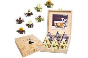 Creano Blooming Tea Tealini - Tea Flowers in Cup Size - Gift Set in Wooden Tea Box - 12 pcs in 8 Varieties - White Tea & Black Tea