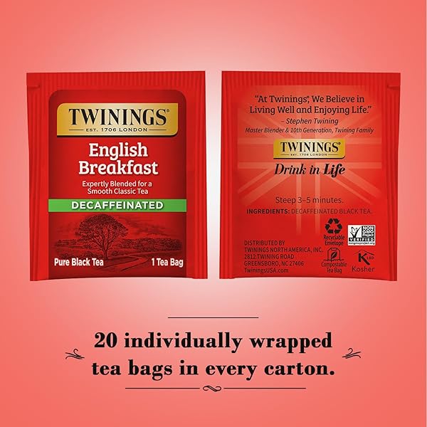TWININGS ENGLISH BREAKFAST TEA, DECAFFEINATED BLACK TEA – LIVELY AND REFRESHING DECAF TEA BAGS INDIVIDUALLY WRAPPED, 50 COUNT