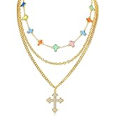 Multilayered Cute Gold Charm Necklace for Women 14K Gold Plated Colorful Enamel Flower Smiley Face Love Heart Cross Clover Pendant Choker Necklaces with Cubic Zirconia Adjustable Trendy Jewelry Gift