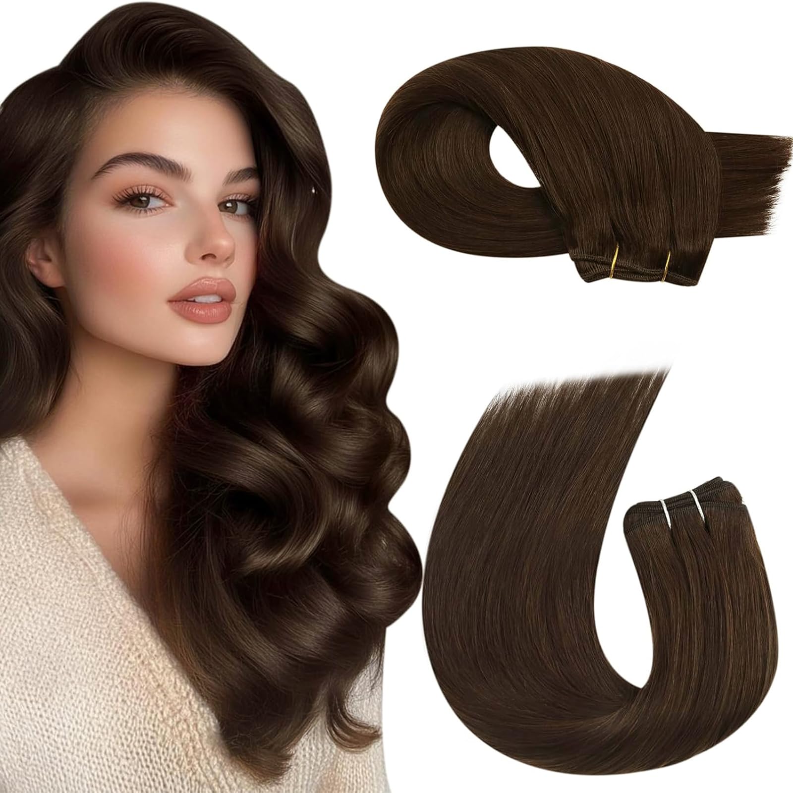 Moresoo Weft Hair Extensions Real Human Hair Chocolate Brown 20 Inch Full Head Double Weft Sew in Hair Extensions Remy Hair Straight 100g/Pack #4 — image 1