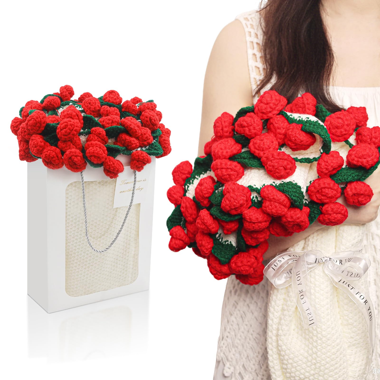 Photo 1 of 43'' Finished Crochet Rose Bouquet, Red Knitted Throw, Handmade Flowers Bed Throw, Soft Knit Blanket Home Decor, Romantic Gift for Girls,Women,Dating,Birthday,Wedding (Rose)