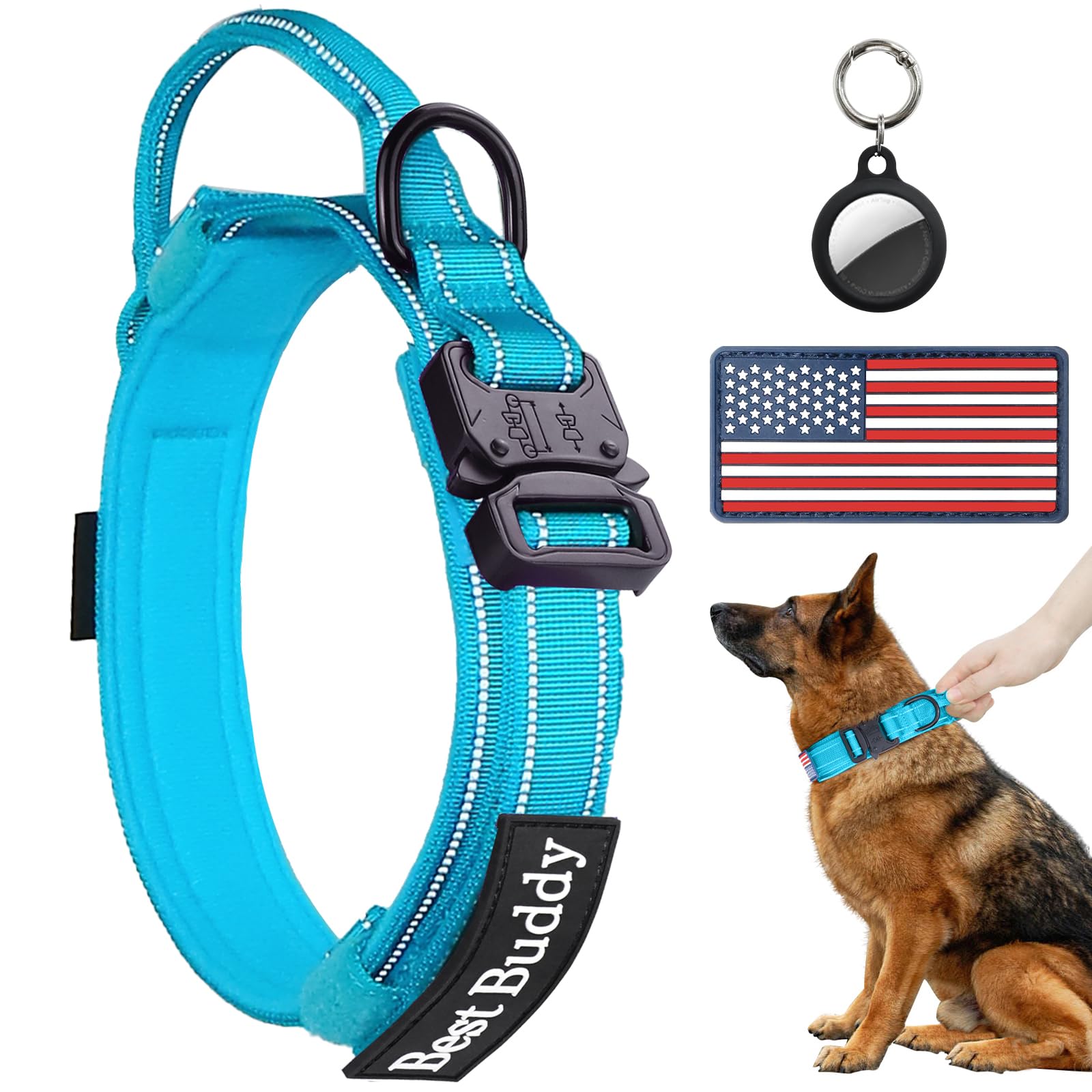 Photo 1 of AUBELL Reflective Tactical Dog Collar,Adjustable Military Heavy Duty K9 Collars with Handle and Quick Release Metal Buckle Great for Large Dogs, with Airtag Case and 2 Patches (Blue,L)