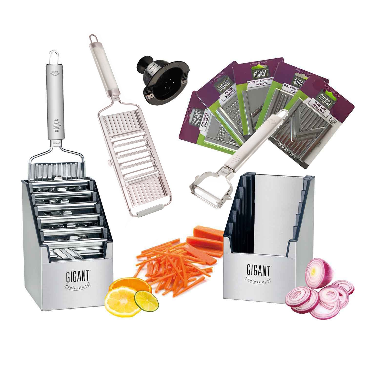 Muxels Gigant Quadruple Vegetable Slicer in Multi-Box with 5 Extra Inserts and Peeler