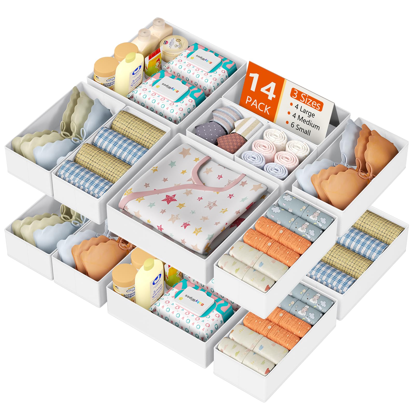 DIMJ Drawer Organizer Clothes 14 Pack - Foldable Baby Organizers and Storage & Dresser Organizer for Bedroom, Closet - Nursery Organization Dresser Dividers for underwear, Sock,Bra, Belt, Tie, White Image