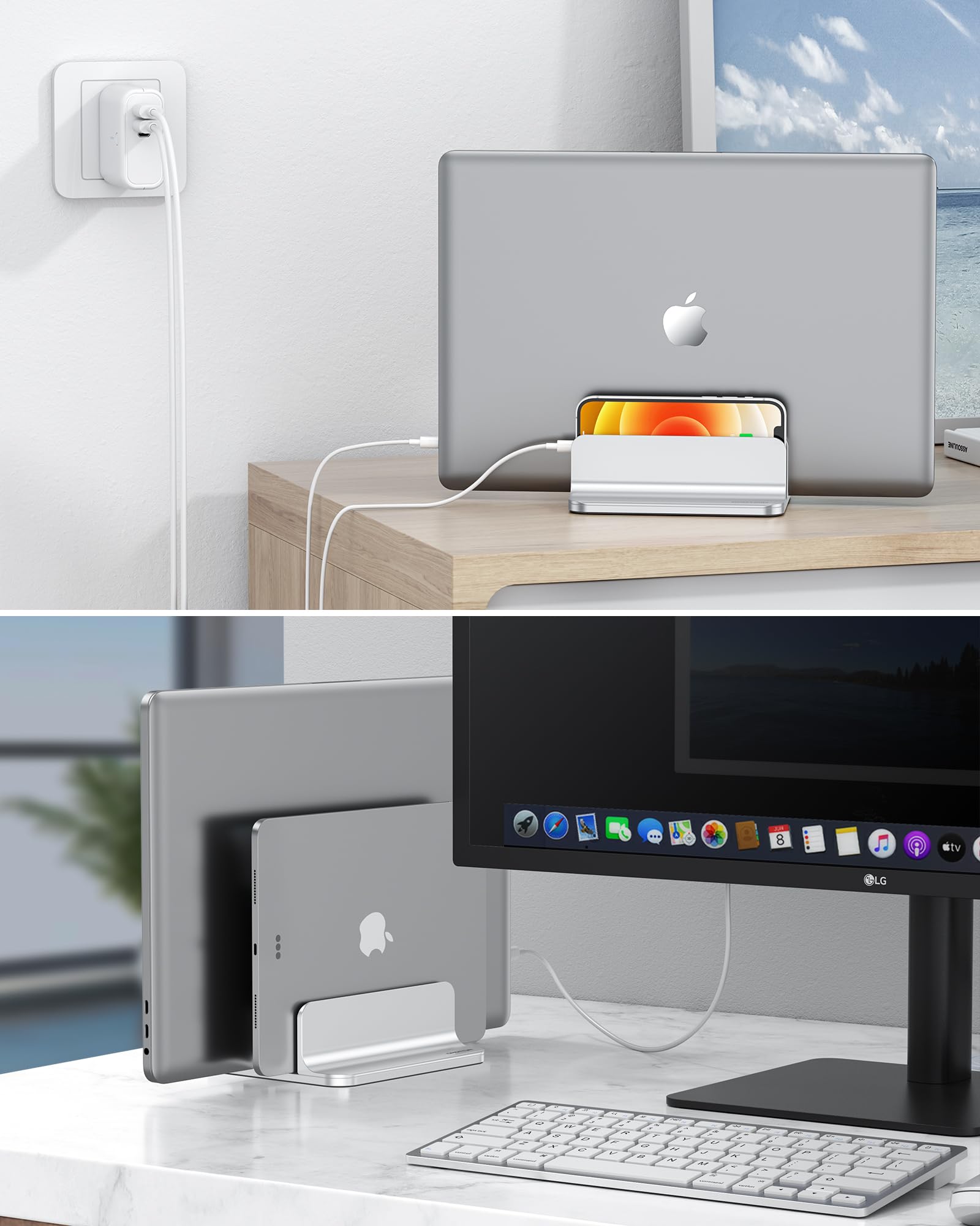 OMOTON [Updated Dock Version Vertical Laptop Stand, Double Desktop Stand Holder with Adjustable Dock (Up to 17.3 inch), Fits All MacBook/Surface/Samsung/HP/Dell/Chrome Book (Silver) - Image 6