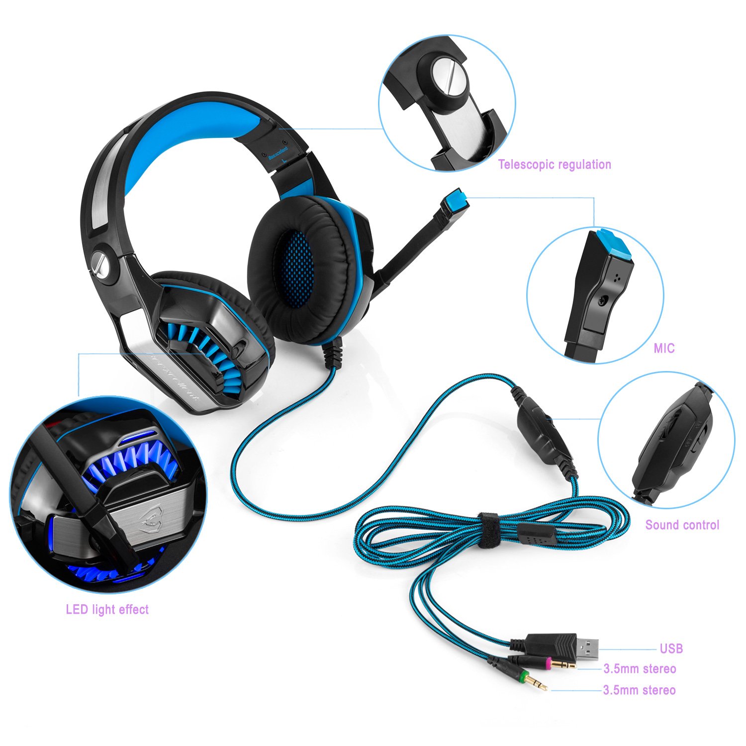 KSCAT G1000 Gaming Headset Kopfhörer USB/Klinken-Stecker Mikrofon LED Effekt für PC Film Gaming Spielen Chat Musik (Blau)