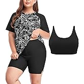 Inno Women's Plus Size 3 Piece Rash Guard Set with Bra Swimsuits Short Sleeve with Boyshorts UPF 50+ Surfing Swimwear, Black White with Bra,3X