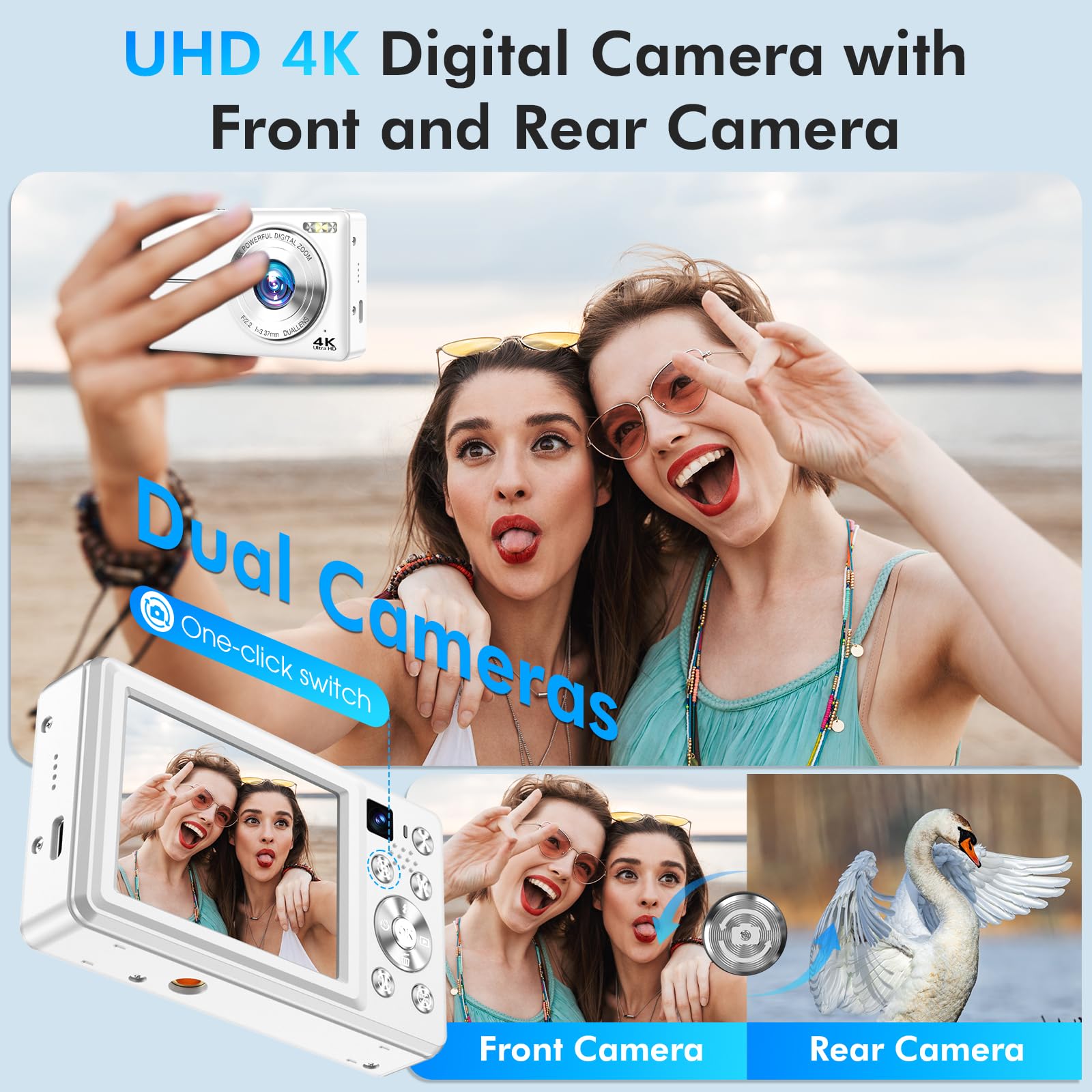 4K Digital Camera, 64MP Autofocus Vlogging Camera with Dual Lens, 16X Digital Zoom YouTube Compact Travel Point Shoot Camera for Teens Beginner, Anti-Shake,2 Batteries, 32GB Card (White)