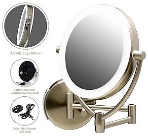 OVENTE Wall Mount Mirror, Battery or USB Adapter Operated, Dimmable LED Lighted Makeup Mirror, 1x/10x Magnification, 9.5", Nickel Brushed (MLW45BR1x10x)