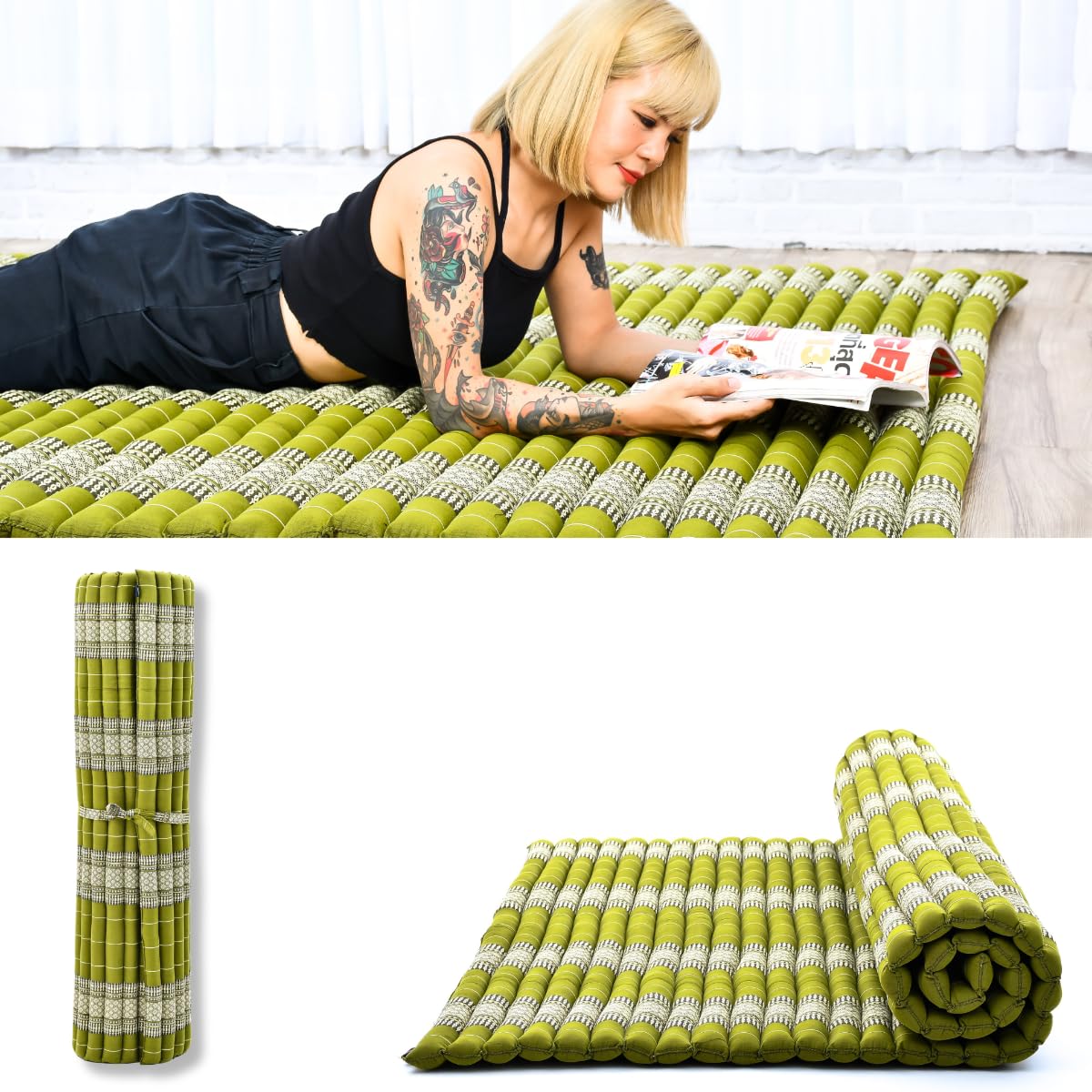Leewadee - Foldable Floor Mattress - Japanese Roll Up Futon -Trifold Tatami Mat- Guest Floor Bed - Camping Mattress - Thai Massage Mat, Kapok Filled, 190 x 145 cm, Green โ image 1