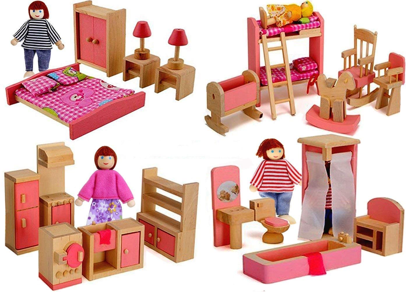 Giraffe US Wood Family Dollhouse Furniture Set, Pink Miniature Bathroom