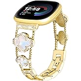 Shesyuki for Metal Bands, Compatible with Fitbit Versa 4/Versa 3/Fitbit Sense 2/Sense Band Smart Watch, Diamond Four Leaf Clover Stainless Watch Strap for Women