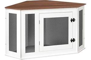 MAHANCRIS Corner Dog Crate Furniture, Wooden Dog Kennel End Table, Decorative Pet Crate Indoor Use, Furniture Style Dog House for Small Medium Dog, Dog Cage TV Stand, White and Walnut DCBA0801