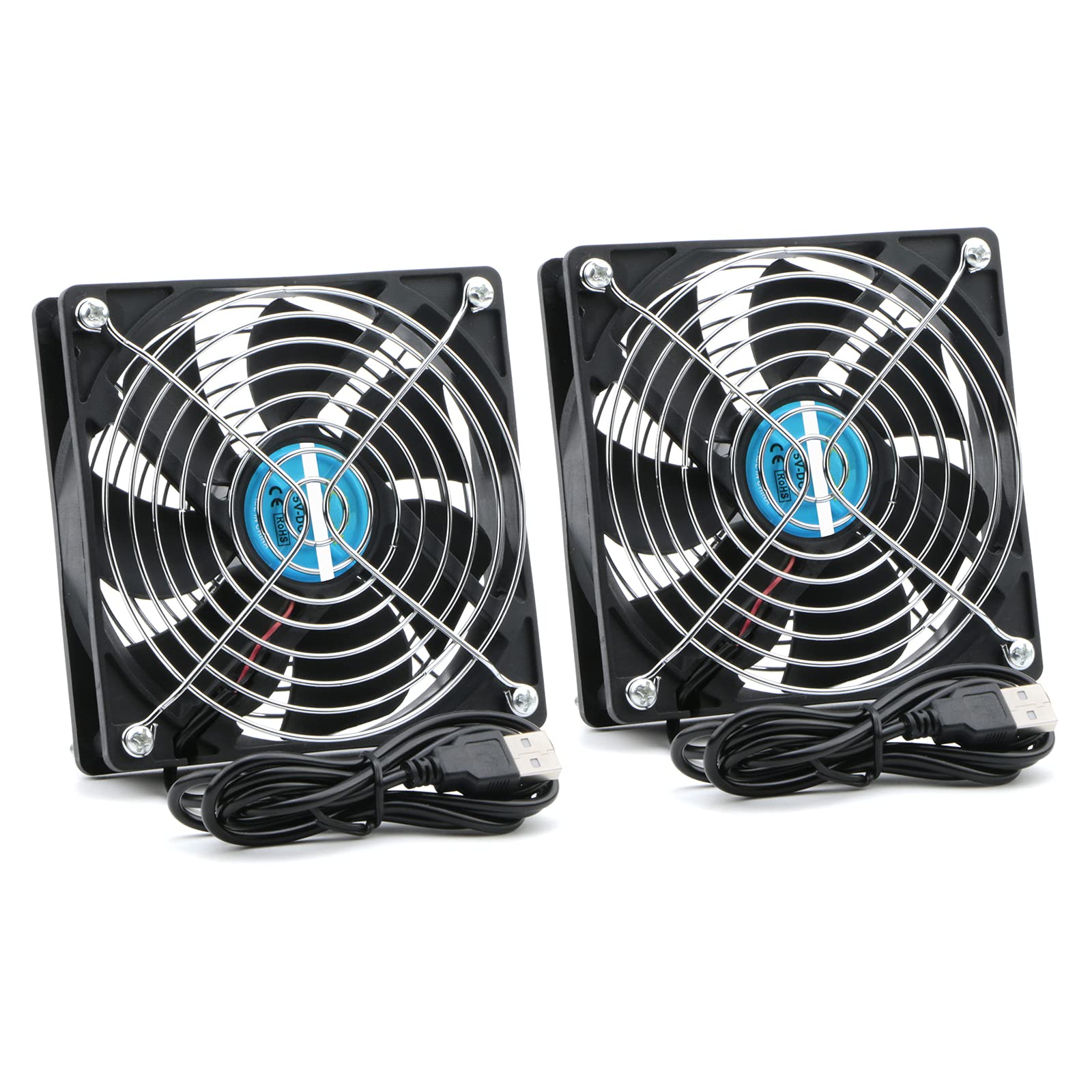 Rowiz 2pcs DC 5V 120mm (12cm) Case Fan with Protective Metal Grille, Silent USB Connected Cooling Fan for Router PC CPU TV Box, 120×120×25mm