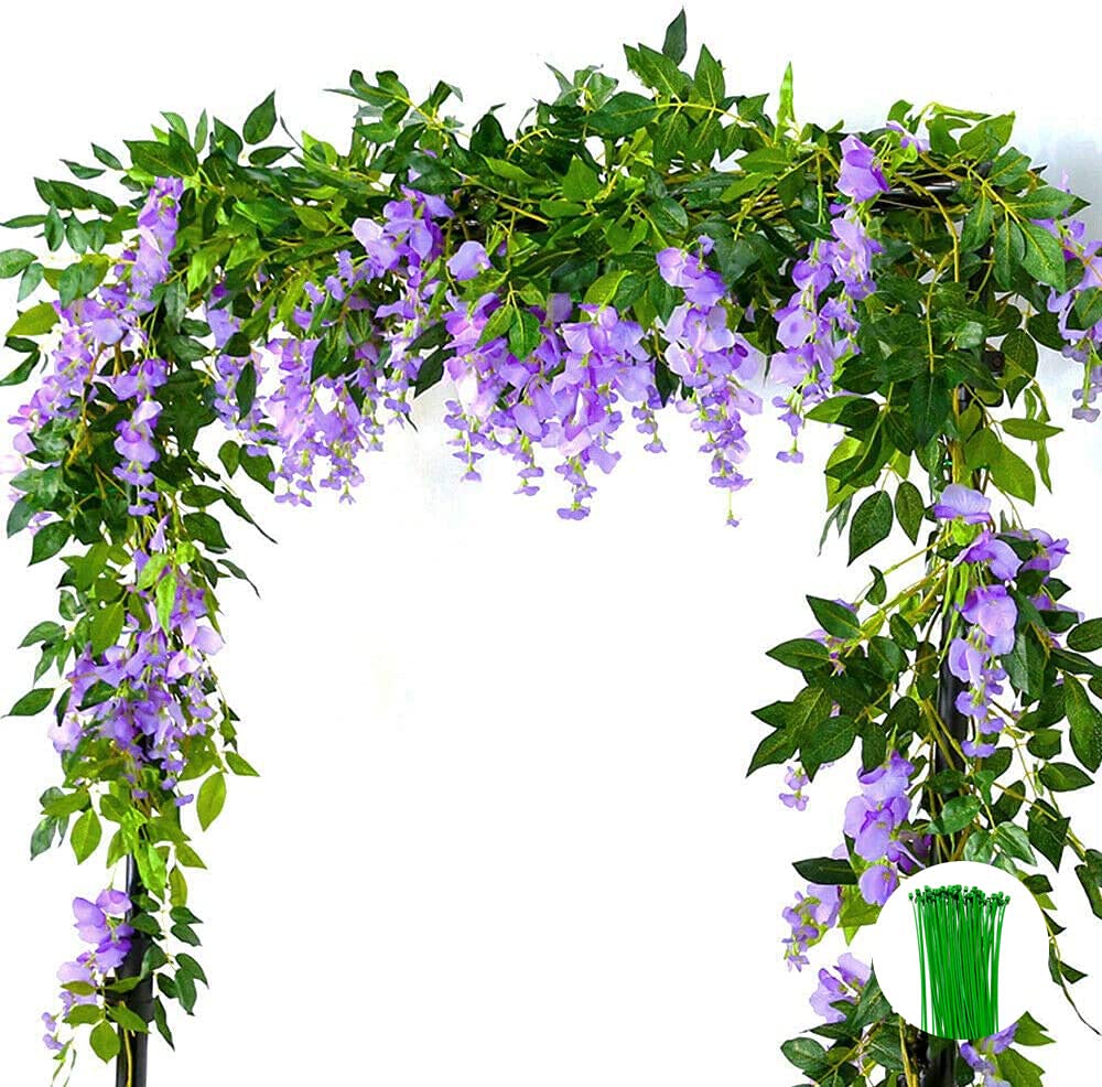 2x7FT Artificial Wisteria Wreath Artificial Flower Silk Ivy Hanging Plant Wall Decoration Plant Flower Art Celebration Ceremony Home Wedding Garden Decoration (Lavender)