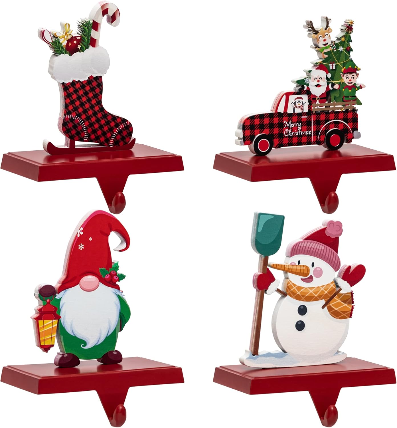 Stockings & Holders - 4 Pack Christmas Stocking Holders for Mantle,Metal Anti-Slip Hooks Four Style-Santa, Christmas Snowman, Christmas Stocking, Christmas Car Decoration Standing Stocking Holders for Christmas Decoration
