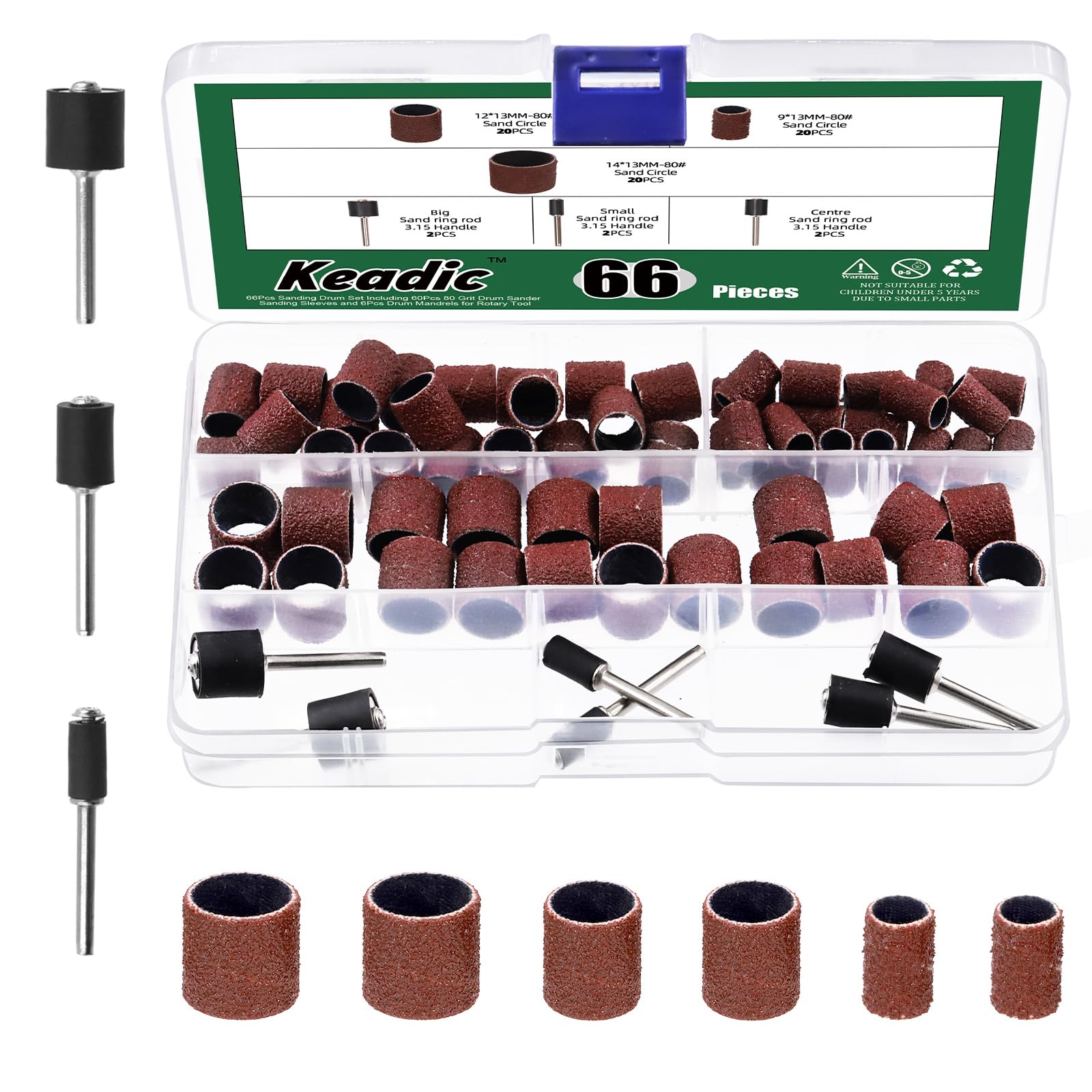 Keadic 66Pcs Rotary Abrasive Sander Drum Assortment Kit 60Pcs 80/120/240 Grits Nail Sanding Drum Sleeves and Drum Mandrels for Polishing Wood Metal Plastic Jade