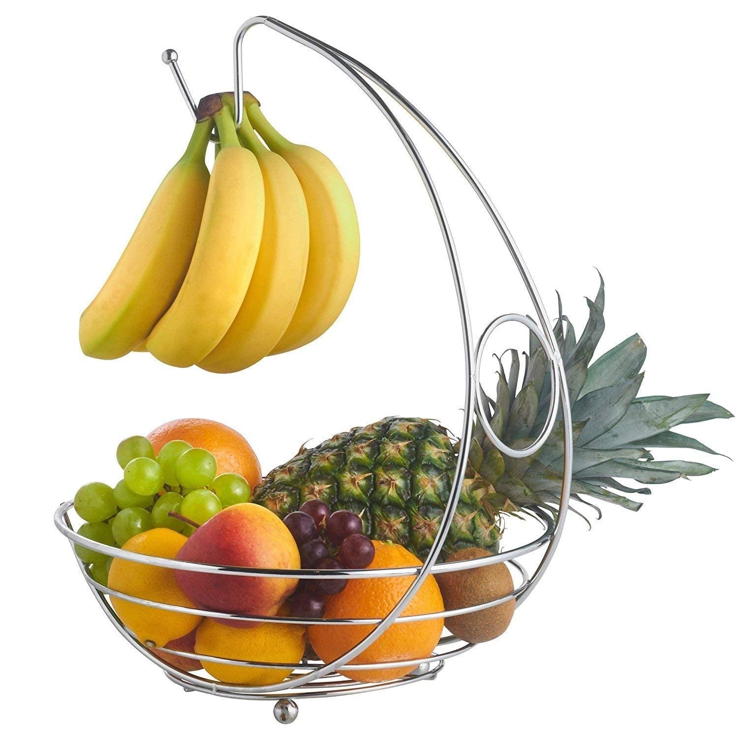 Glow Fruit Basket with Banana Holder - Stylish Premium Chrome Home Kitchen 2 in 1 Large Wide Wire Frame Display Fruit Bowl Basket with Banana Hanging Hanger Tree Hook and Round Worktop Safe Feet