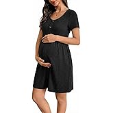 BLENCOT Short Sleeve Maternity Rib Knitted Dress for Spring Summer Button Knit Ribbed Babydoll Pregnancy Dresses with Pocket