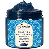 FERIHA Traditional Moroccan Black Soap with Moroccan Indigo (Nila) &ndash; Olive-Based Authentic Beldi Hammam Soap for Deep Cleansing &amp; Exfoliation &ndash; Crafted in Morocco &ndash; 7 oz