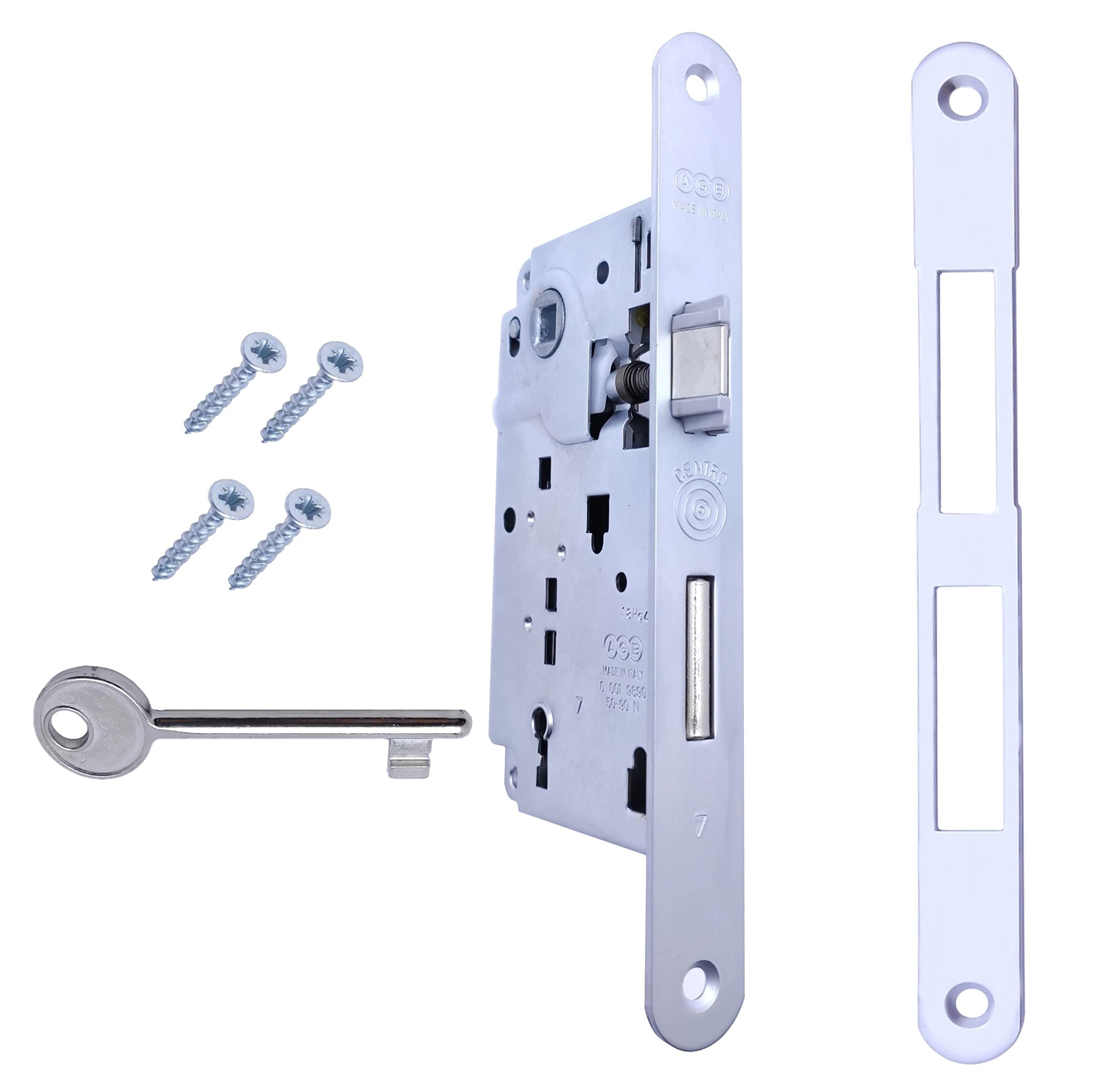 AGB - Center Series Internal Door Lock (Fr. 22x196, In. 90, En. 50, Qu. 8., KEY CHAIN, MATT CHROME)