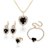 MALOYANVE 4PCS Crystal Heart Jewelry Set Glitter Gold Cubic Zirconia Love Heart Pendant Necklace Lightweight Hoop Earrings Bangle Bracelet Adjustable Open Ring Prom Wedding Jewelry for Women