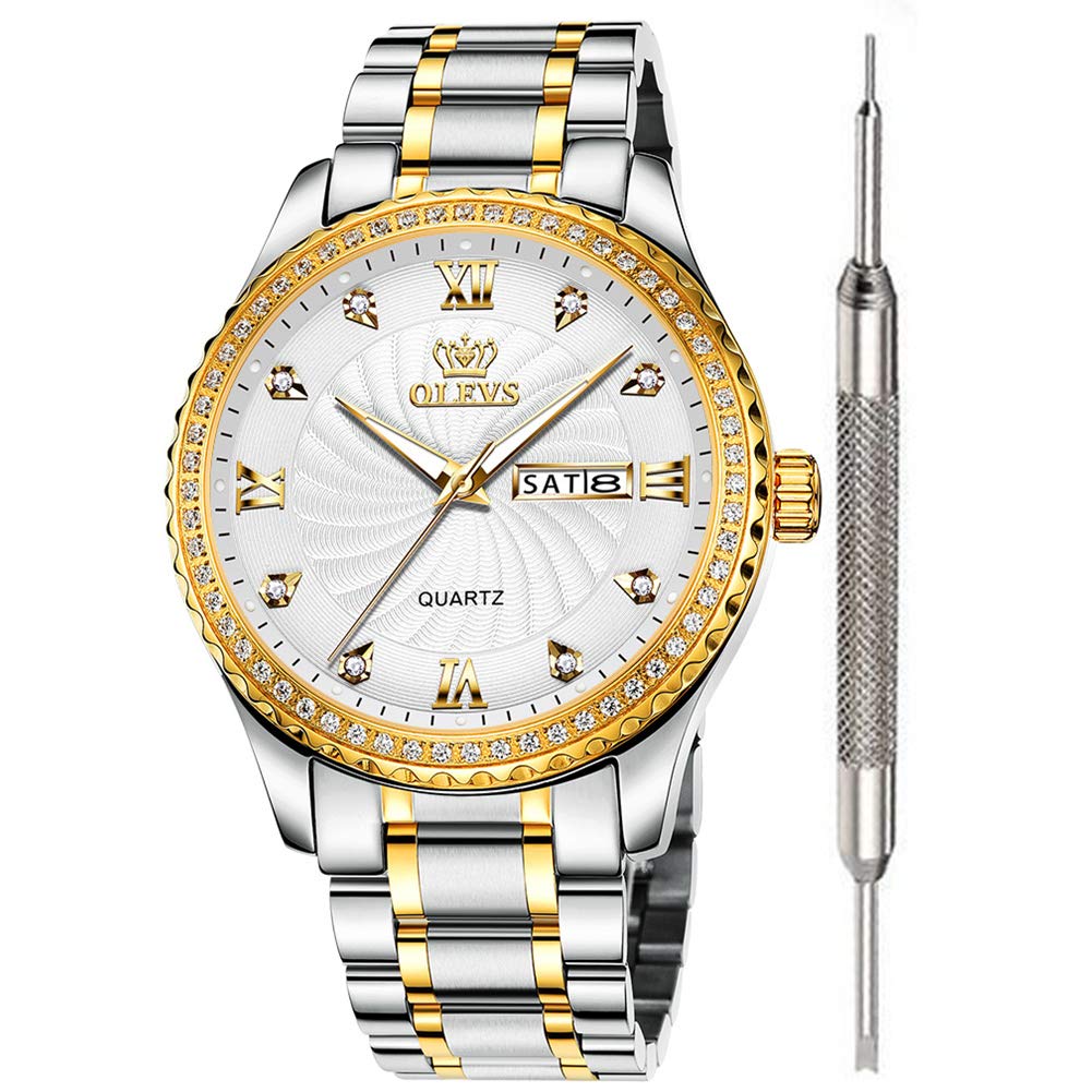 OLEVS White Diamond Watches for Men Waterproof Gold Luxury Best Watches for Men Calendar Brand Fine Wrist Watch Stainless Steel Classic Analog Quartz Watch Christmas Day Gifts