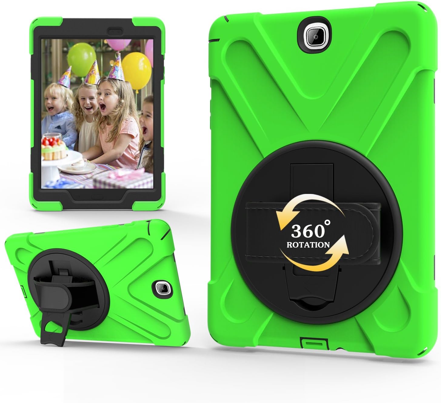 TianTa Galaxy Tab A 9.7 Case SM-T550 with Screen Protector, Three Layer Rugged Heavy Duty Shockproof Protective with Handle Strap, Shoulder Belt & Rotating Kickstand for Galaxy Tab A 9.7 Inch- Green