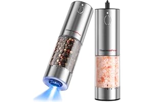 ThermoPro 110ml Electric Salt and Pepper Grinder Set Rechargeable, Automatic Pepper Grinder Shakers with External Adjustment, Refillable Pepper Mill Set with Dust Cover & LED, Stainless Steel 2-Pack