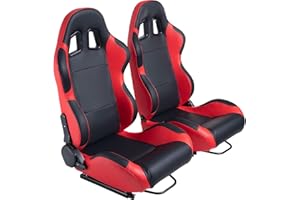 JIABEIR Universal Racing Seats, Pair Black Red PVC Leather Reclinable With Double Lock Slider Bucket Seats