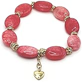 Women's Emotional Healing Pink Agate Gemstone Stretch Bracelet with 18K Gold Plated Rhinestones and a Delicate Dangle Heart Charm
