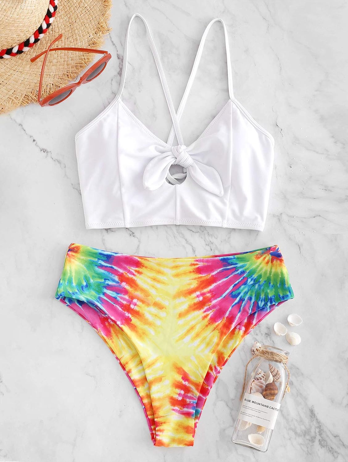 ZAFUL Womens Spaghetti Straps Sunflower Lace-up High Waisted Tankini Set