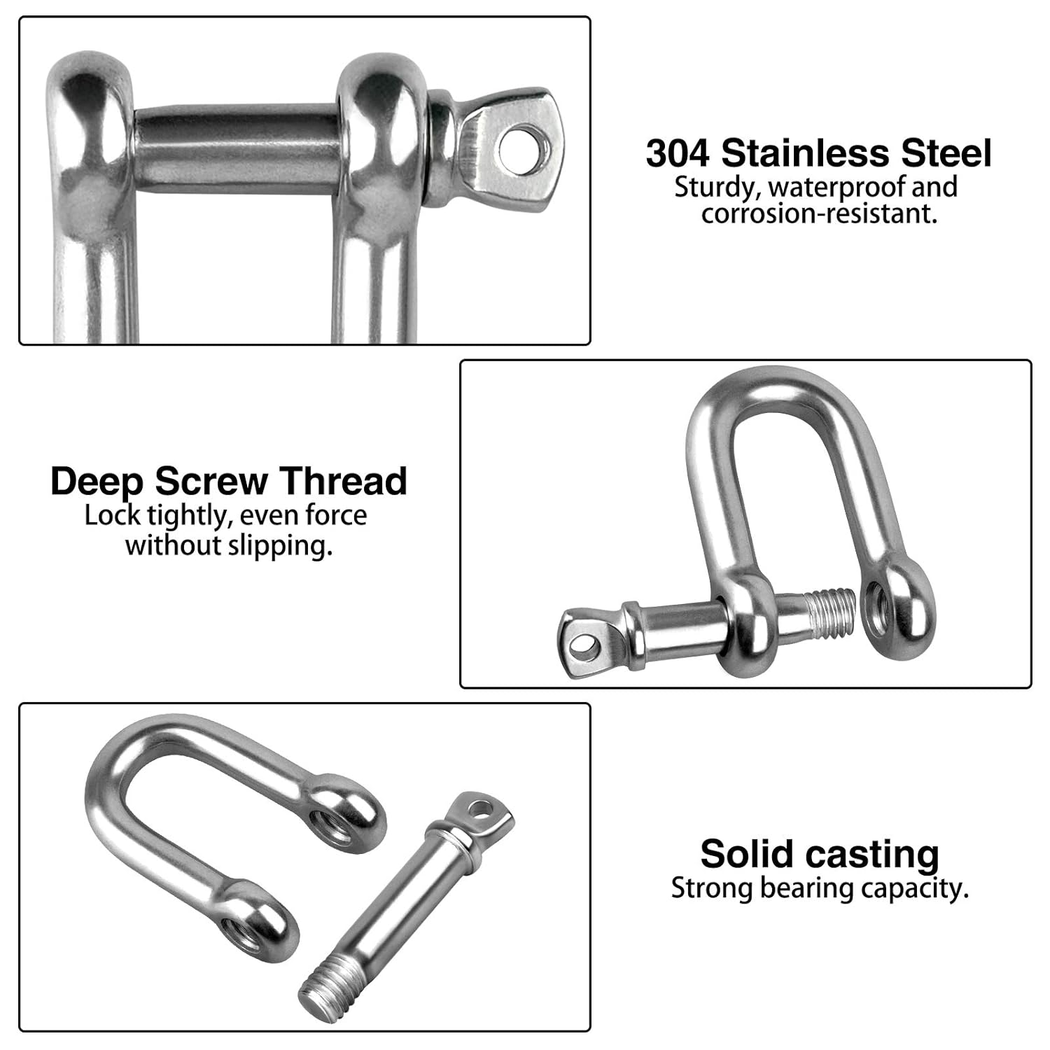 4 PCS D Shackle,304 Stainless Steel D Ring Shackle Lock,M8 D Links Hook