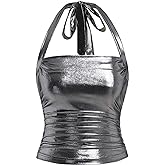 Floerns Women's Sparkly Metallic Clubwear Halter Tie Neck Sleeveless Ruched Tank Top