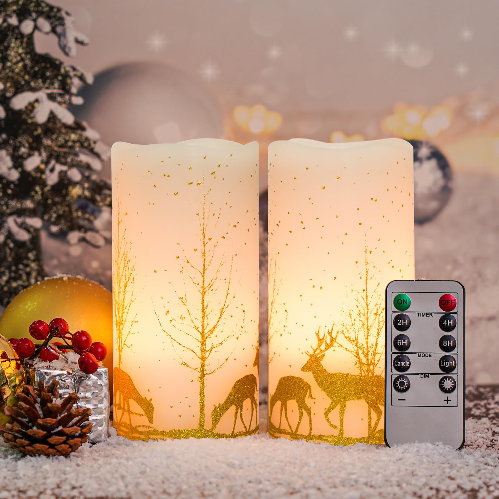 Photo 1 of 2Pack Christmas LED Flickering Flameless Candles, Battery Operated Wax Candles with Timer Remote, Flameless Pillar Candles with Forest Deer Decal for Home Decorations Christmas Gifts [Gold, 3"X6"]