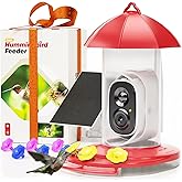 LongPlus® Hummingbird Feeder with Camera for Outdoors Solar Panel,Smart Bird Camera with 2K Live Video,Ant Guard Pole Base,AI Identify Bird Species,Ant Moat,Bee Proof with 3 Feeding Ports,Gifts Ideal