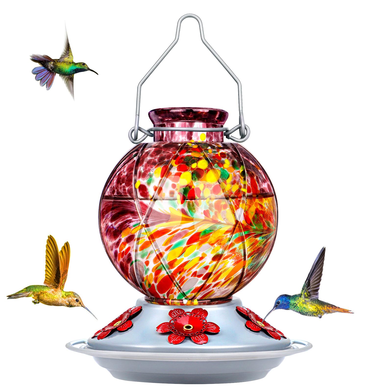 Photo 1 of BOLITE Hummingbird Feeder, Hummingbird Feeders for Outdoors Hanging, Hand Blown Glass, Meshy Texture Ball Shape Bottle, 5 Feeding Ports with Perch, 20 Ounces, Leak Proof, Purple, Gifts for Women Men