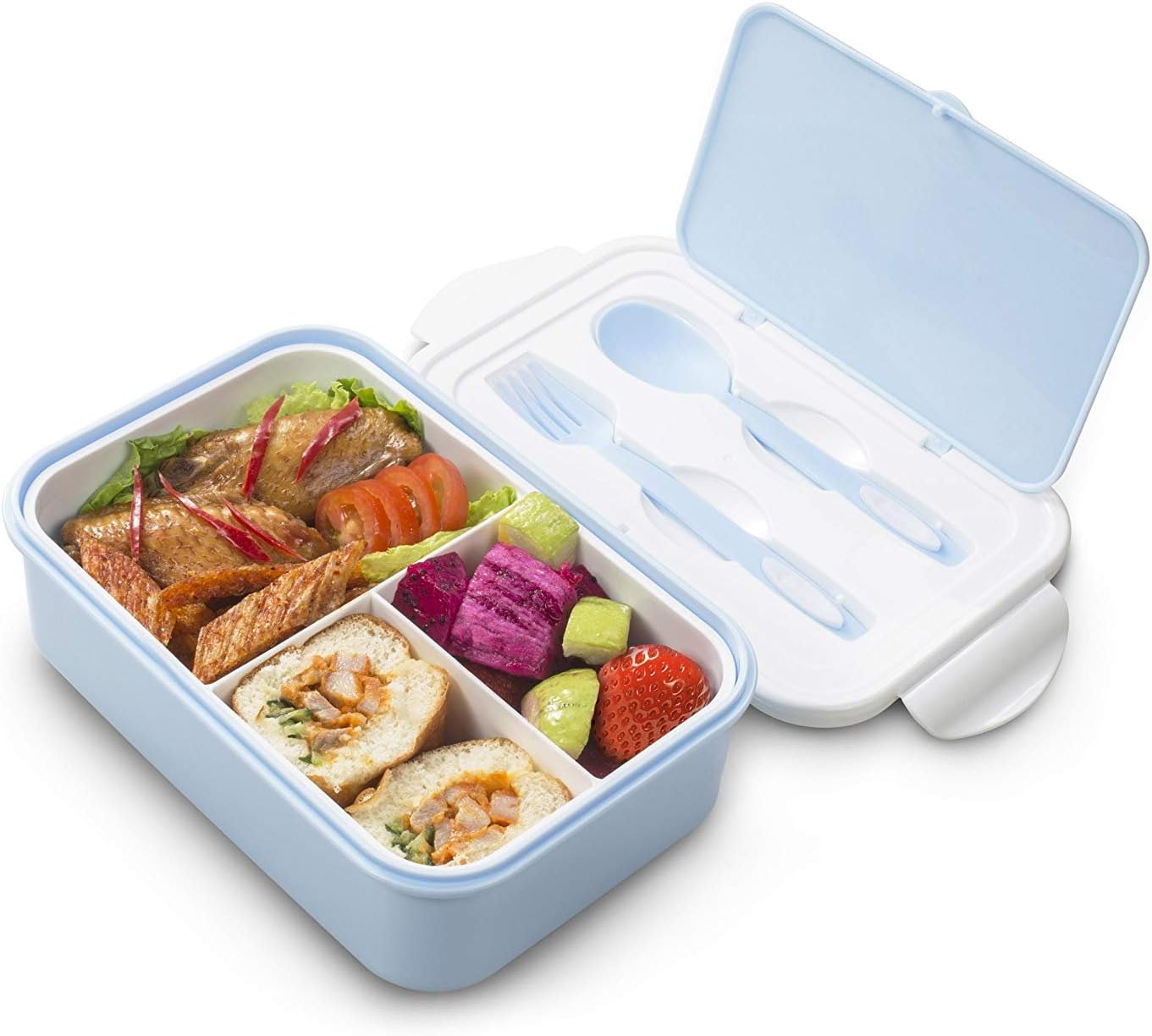 Lunch Containers for Kids & Adults, Bento Box with Spoon & Fork,Reusable 3-Compartment Divided Food Storage Container Boxes, On-The-Go Meal and Snack Packing(Blue)