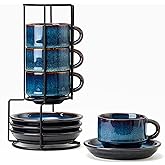 JIEMEI HOME Porcelain Stackable Cappuccino Cups with Saucers and Metal Stand, 7 Ounce Espresso Cups for Latte Coffee Cafe, Specialty Coffee Drinks, Cappuccino and Tea - Set of 4, Deep Blue