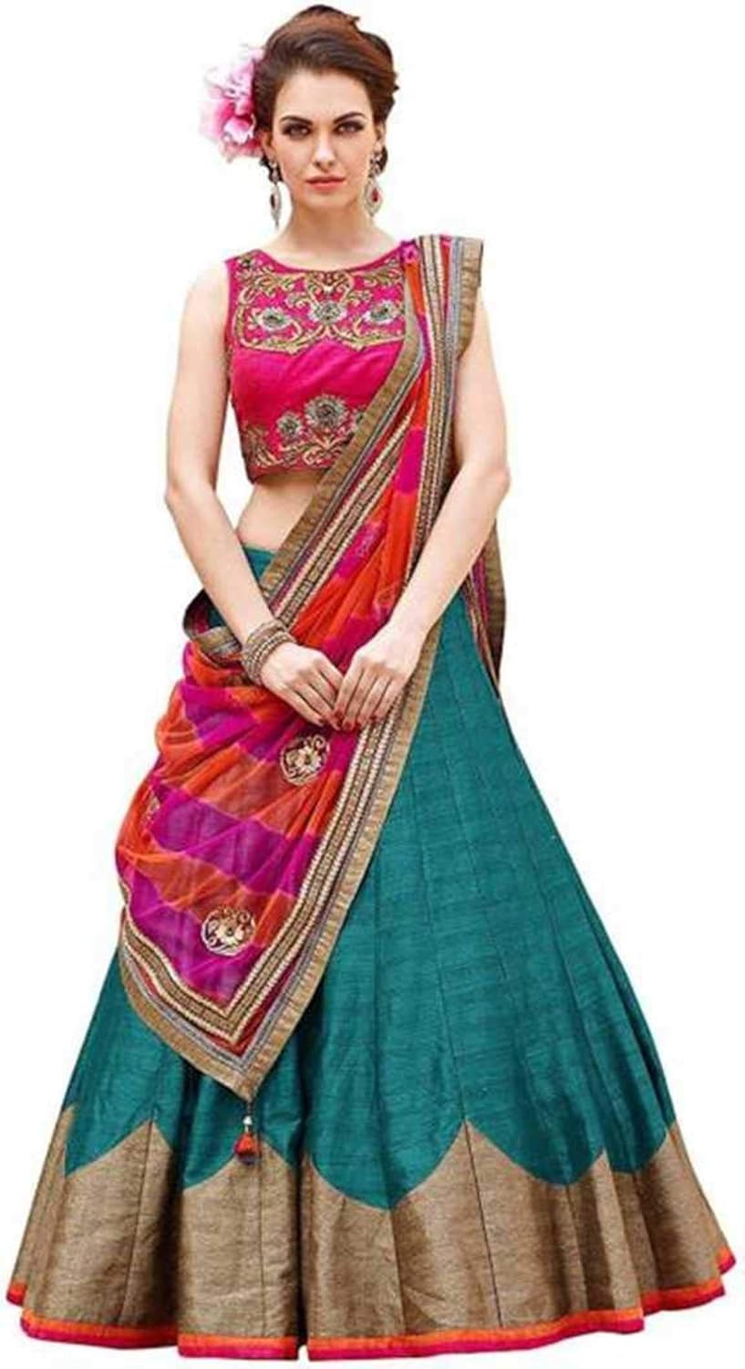 tisha fashion women's banglory silk lehenga choli (firozi and pink)